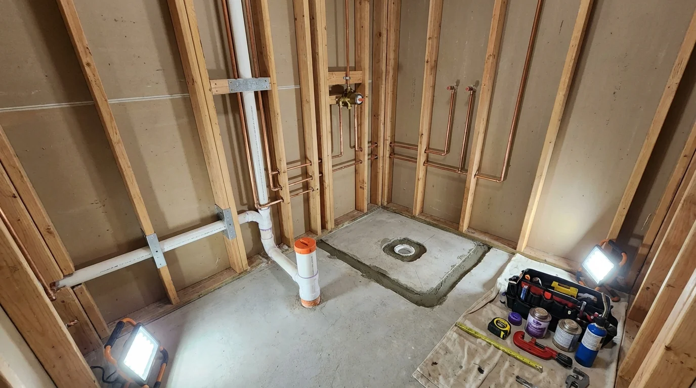 Bathroom rough-in plumbing during remodel by Johns Plumbing LLC in Mandan