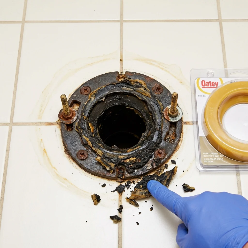 Failed wax ring showing water seepage at the base of a toilet in a Mandan, ND home