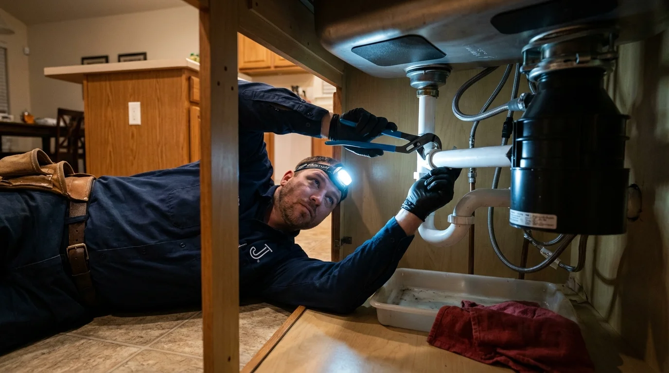 P-trap and supply line connections under a kitchen sink showing a common leak point in Mandan, ND